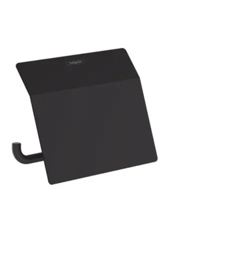 Hansgrohe Toilettenpapierhalter in Mattschwarz mit Deckel. Die flache Ablage bietet eine klare Oberfläche. Hängevorrichtung aus Metall für die Wandmontage.